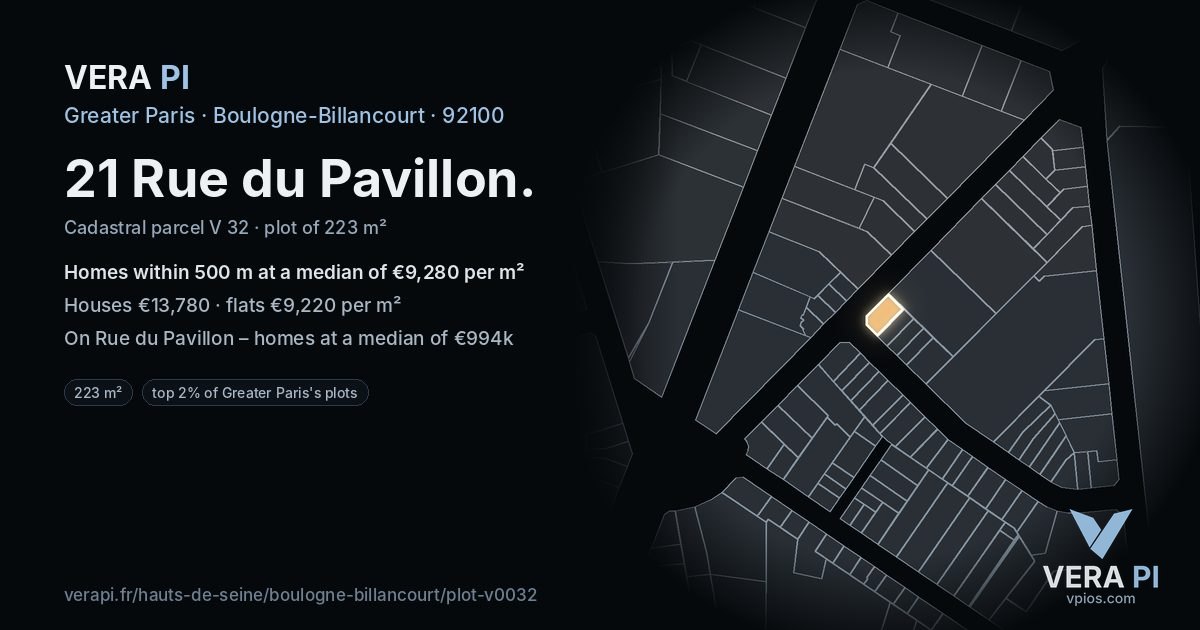 21 Rue du Pavillon, Boulogne-Billancourt at night – the plot lit, the parcels around coloured by the prices near them