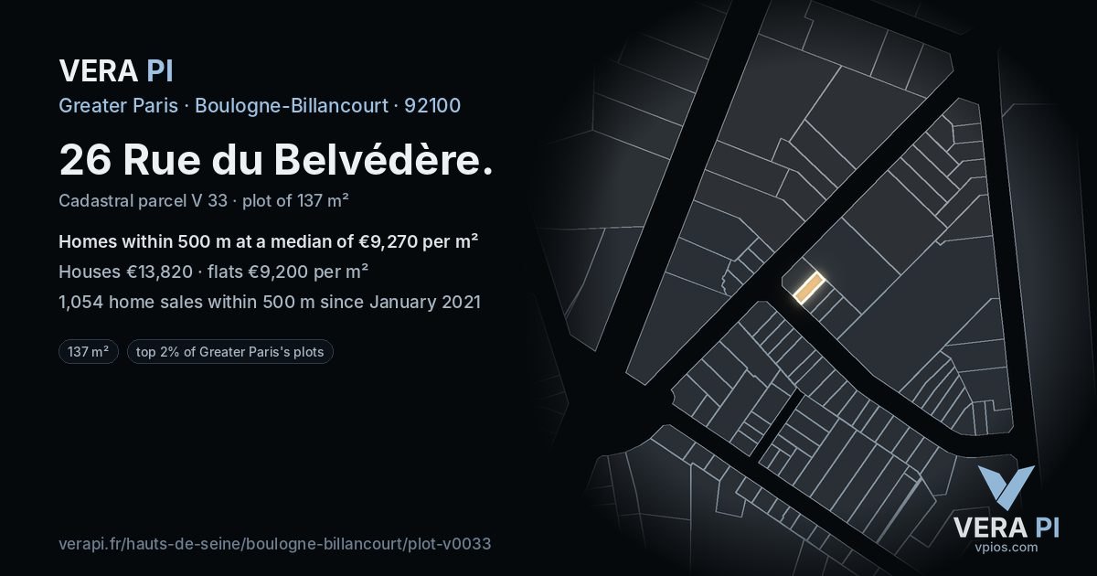 26 Rue du Belvédère, Boulogne-Billancourt at night – the plot lit, the parcels around coloured by the prices near them