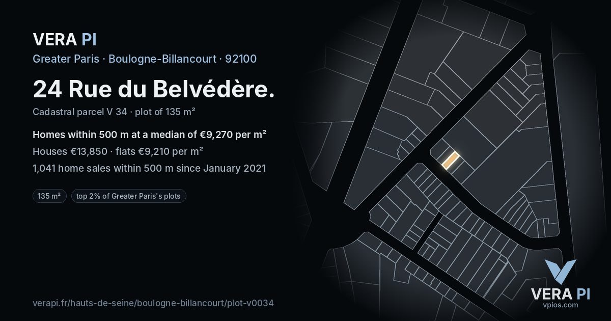 24 Rue du Belvédère, Boulogne-Billancourt at night – the plot lit, the parcels around coloured by the prices near them