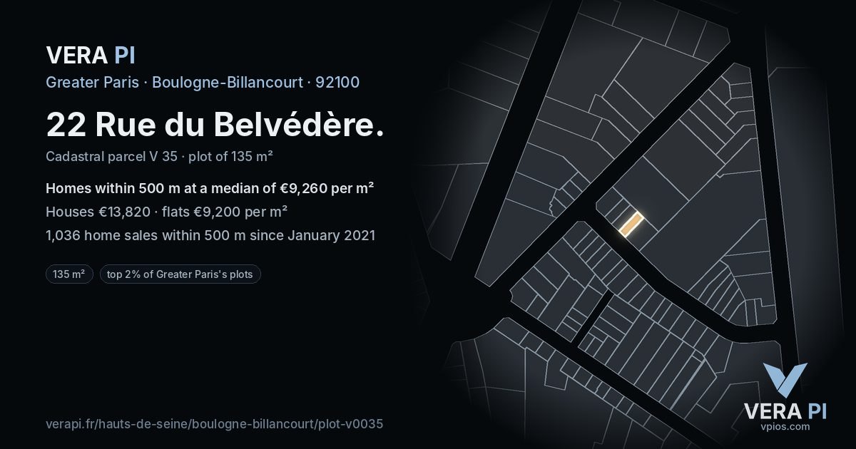 22 Rue du Belvédère, Boulogne-Billancourt at night – the plot lit, the parcels around coloured by the prices near them