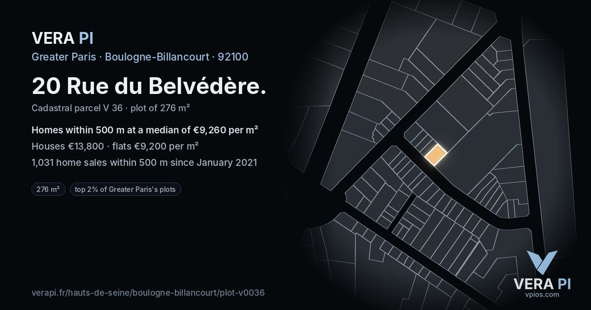 20 Rue du Belvédère, Boulogne-Billancourt at night – the plot lit, the parcels around coloured by the prices near them