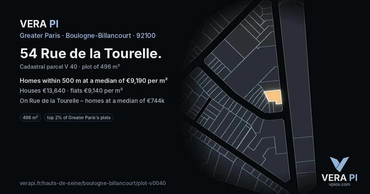 54 Rue de la Tourelle, Boulogne-Billancourt at night – the plot lit, the parcels around coloured by the prices near them