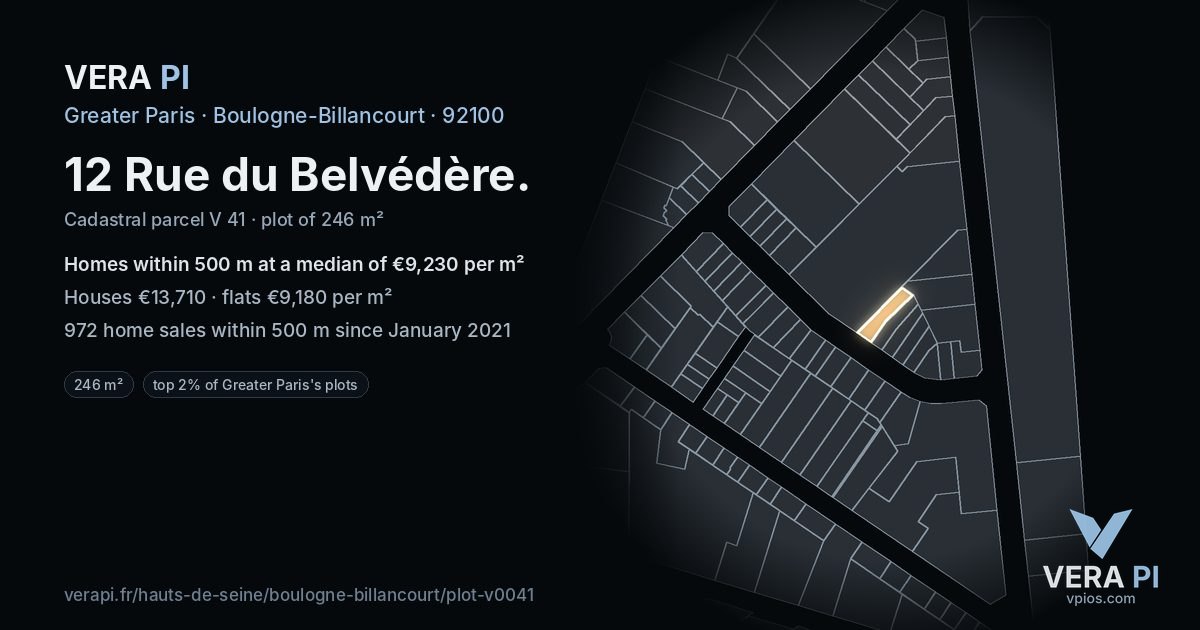 12 Rue du Belvédère, Boulogne-Billancourt at night – the plot lit, the parcels around coloured by the prices near them