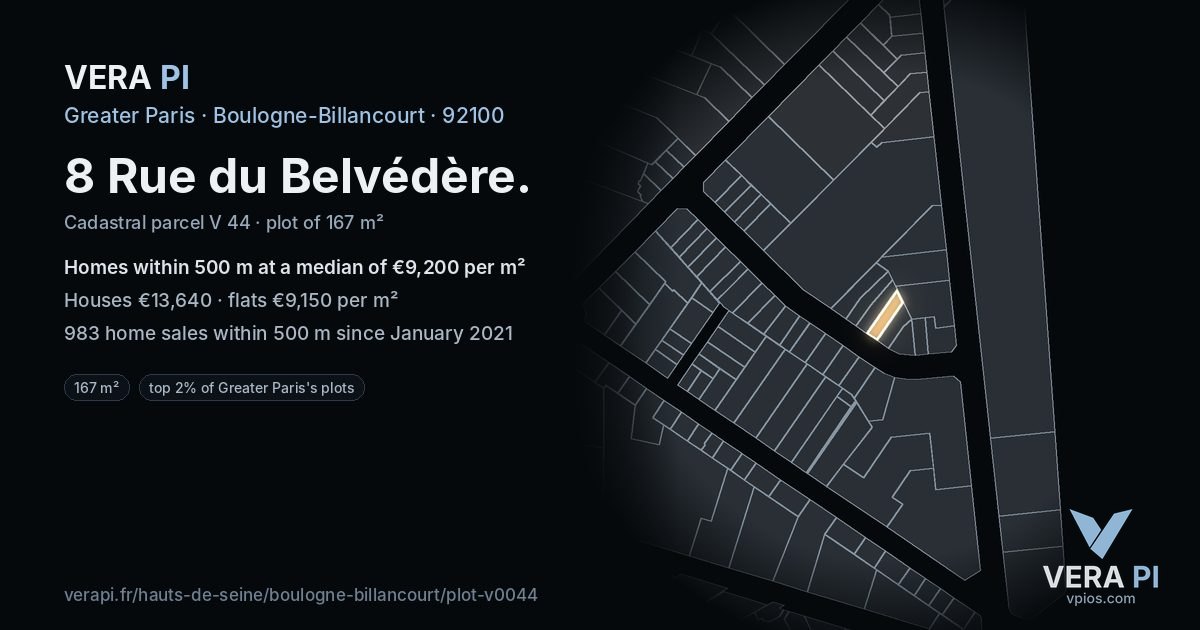 8 Rue du Belvédère, Boulogne-Billancourt at night – the plot lit, the parcels around coloured by the prices near them