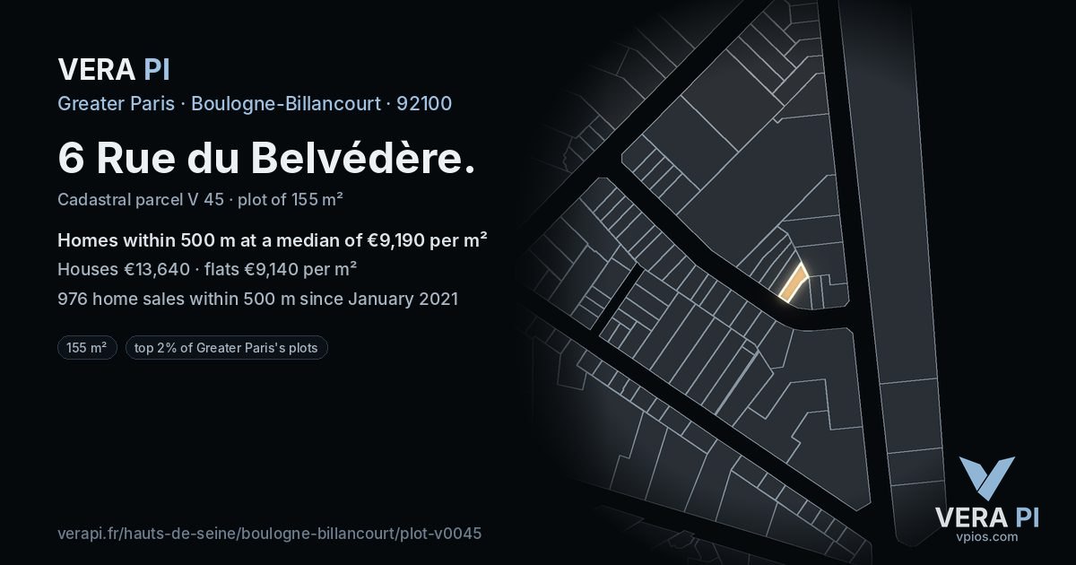 6 Rue du Belvédère, Boulogne-Billancourt at night – the plot lit, the parcels around coloured by the prices near them