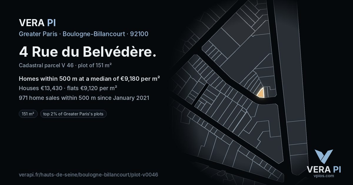 4 Rue du Belvédère, Boulogne-Billancourt at night – the plot lit, the parcels around coloured by the prices near them