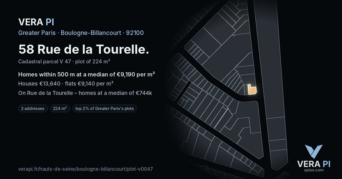 58 Rue de la Tourelle, Boulogne-Billancourt at night – the plot lit, the parcels around coloured by the prices near them