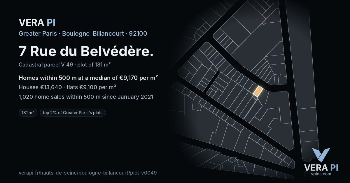 7 Rue du Belvédère, Boulogne-Billancourt at night – the plot lit, the parcels around coloured by the prices near them