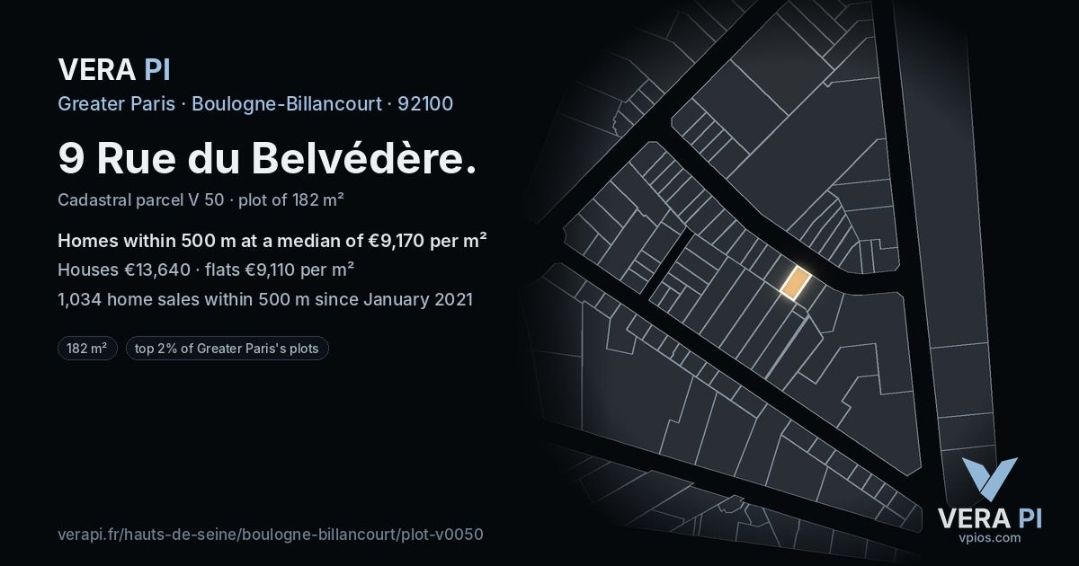 9 Rue du Belvédère, Boulogne-Billancourt at night – the plot lit, the parcels around coloured by the prices near them