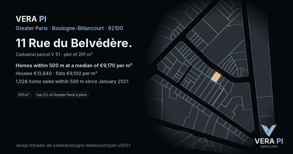 11 Rue du Belvédère, Boulogne-Billancourt at night – the plot lit, the parcels around coloured by the prices near them