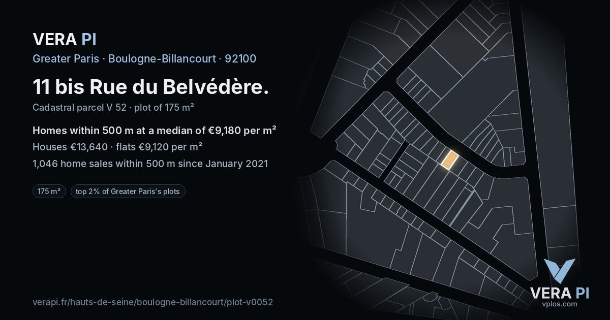 11 bis Rue du Belvédère, Boulogne-Billancourt at night – the plot lit, the parcels around coloured by the prices near them