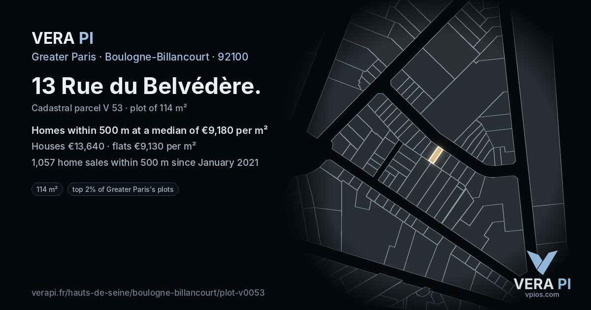 13 Rue du Belvédère, Boulogne-Billancourt at night – the plot lit, the parcels around coloured by the prices near them