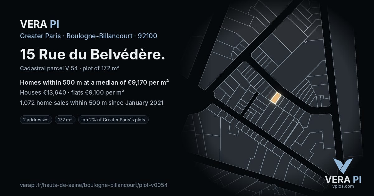 15 Rue du Belvédère, Boulogne-Billancourt at night – the plot lit, the parcels around coloured by the prices near them