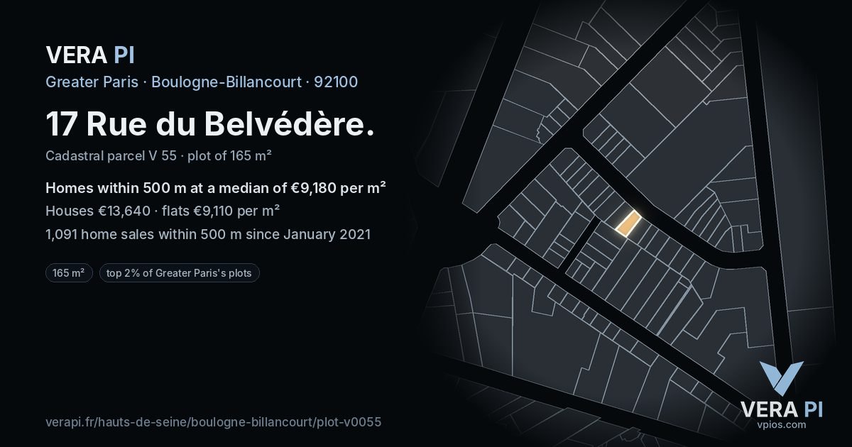 17 Rue du Belvédère, Boulogne-Billancourt at night – the plot lit, the parcels around coloured by the prices near them
