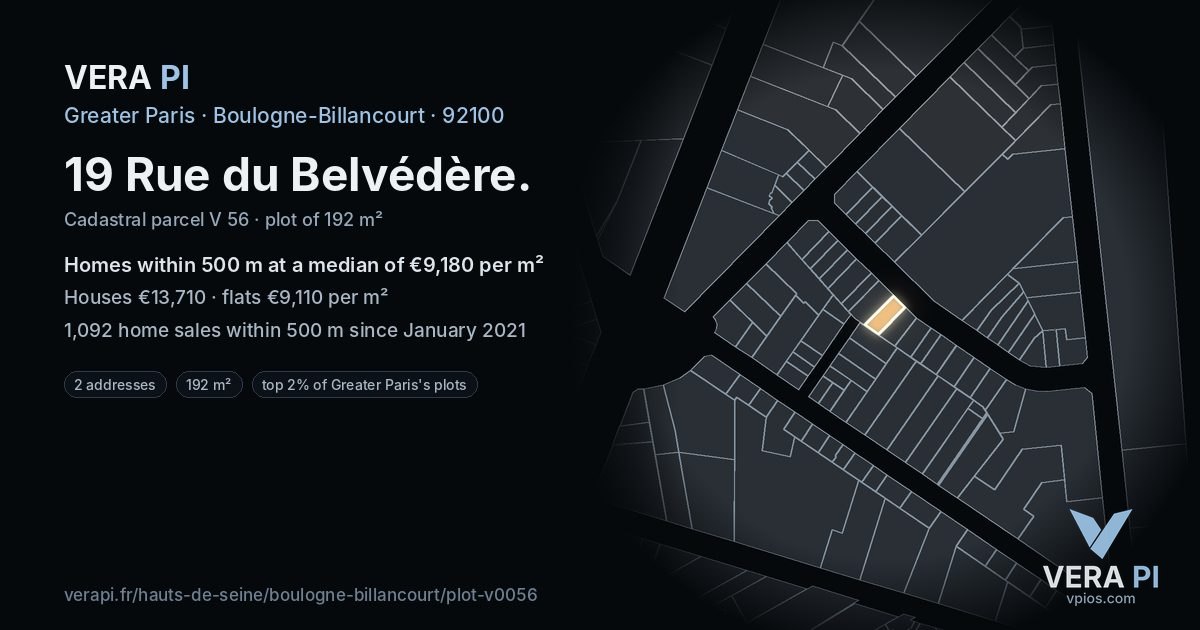 19 Rue du Belvédère, Boulogne-Billancourt at night – the plot lit, the parcels around coloured by the prices near them
