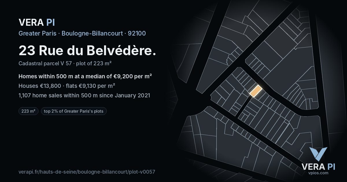 23 Rue du Belvédère, Boulogne-Billancourt at night – the plot lit, the parcels around coloured by the prices near them