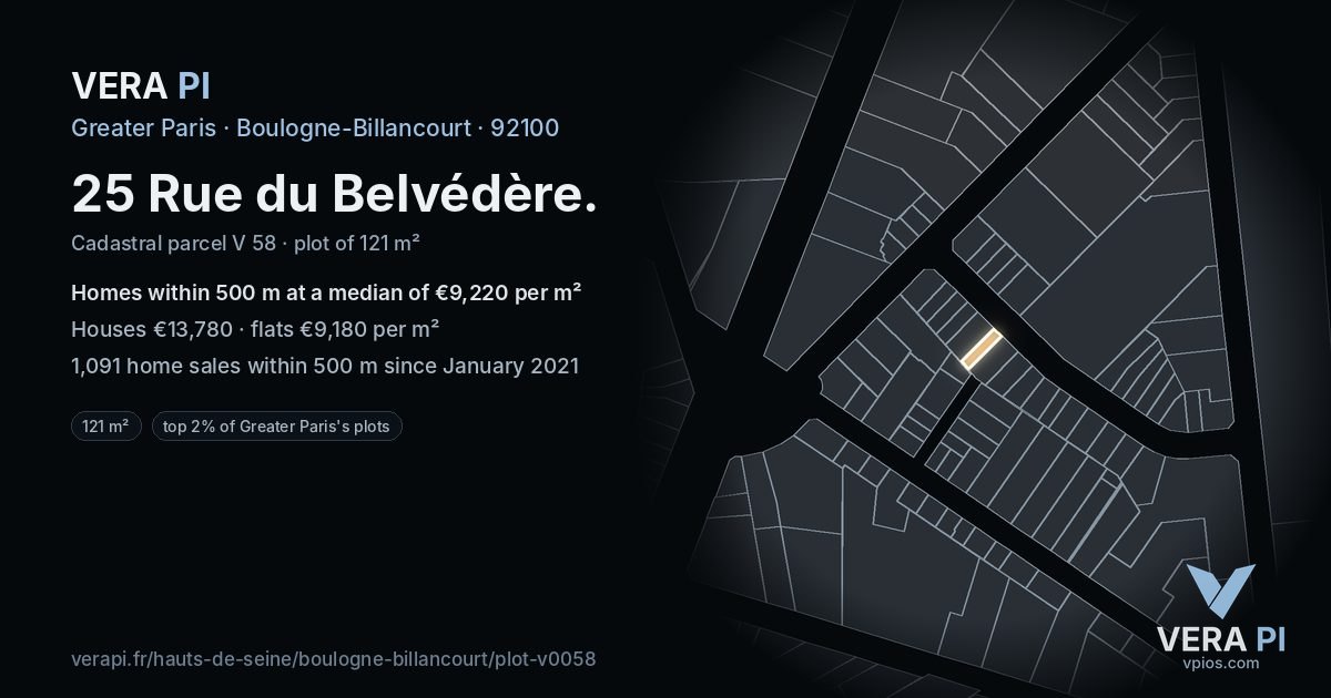25 Rue du Belvédère, Boulogne-Billancourt at night – the plot lit, the parcels around coloured by the prices near them