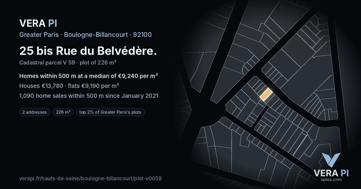 25 bis Rue du Belvédère, Boulogne-Billancourt at night – the plot lit, the parcels around coloured by the prices near them