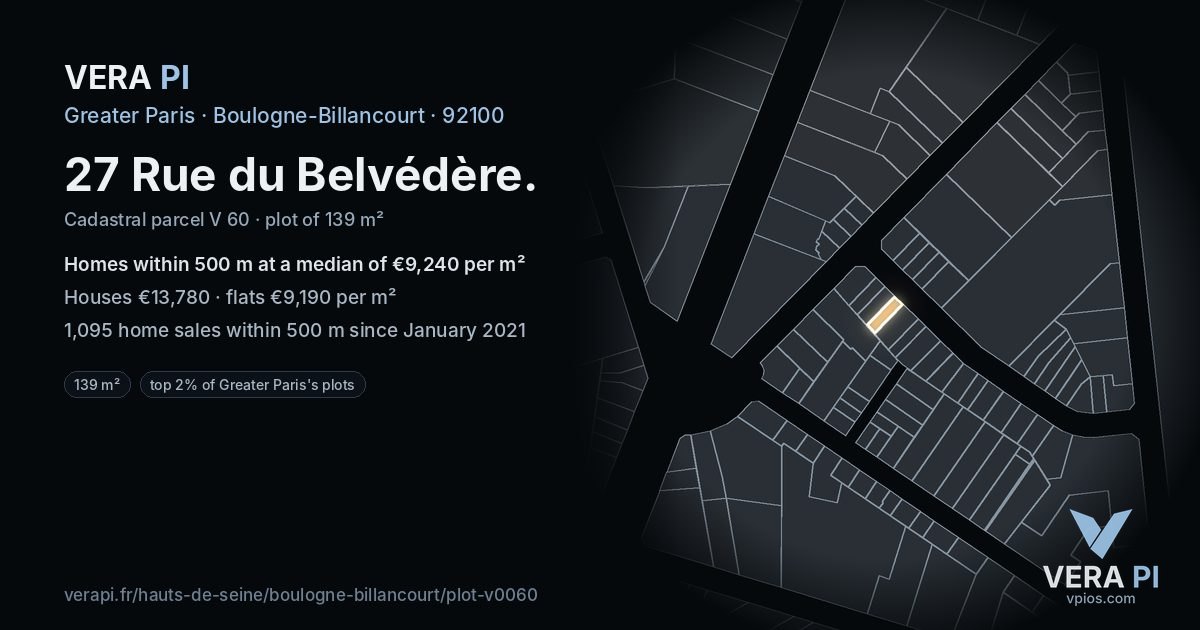 27 Rue du Belvédère, Boulogne-Billancourt at night – the plot lit, the parcels around coloured by the prices near them