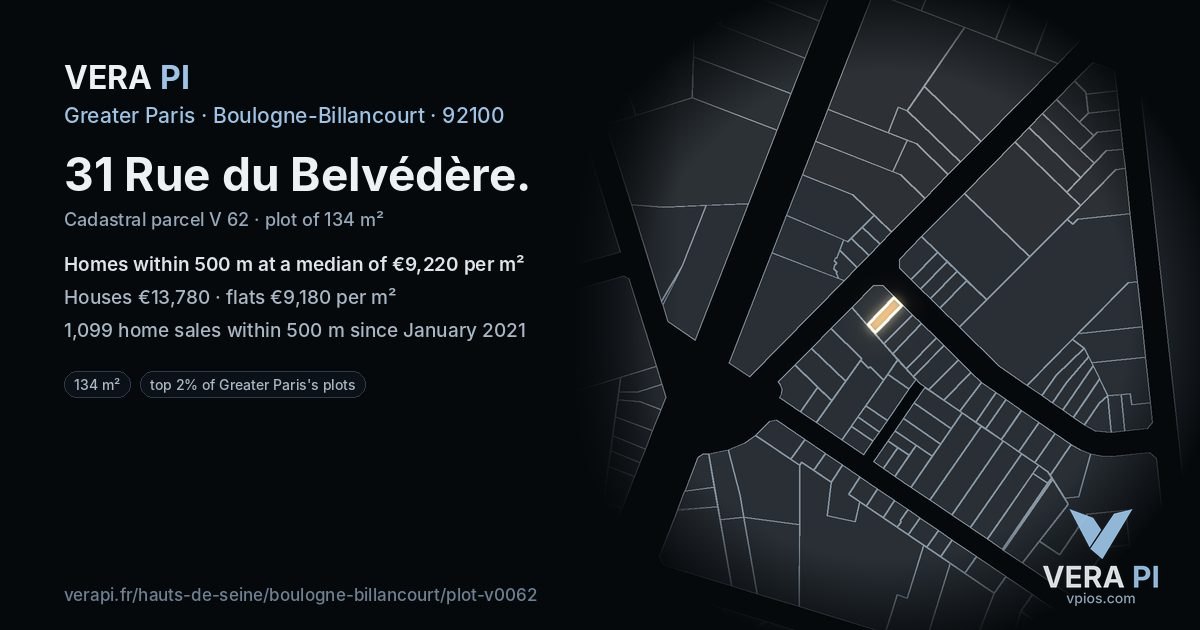 31 Rue du Belvédère, Boulogne-Billancourt at night – the plot lit, the parcels around coloured by the prices near them