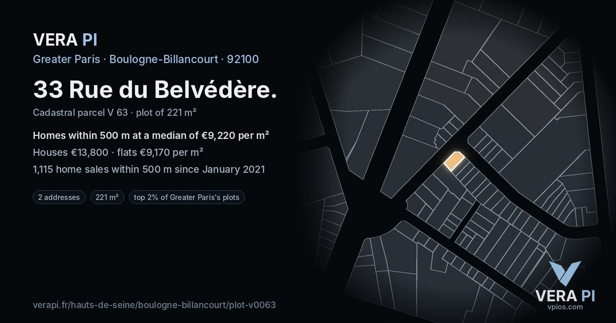 33 Rue du Belvédère, Boulogne-Billancourt at night – the plot lit, the parcels around coloured by the prices near them