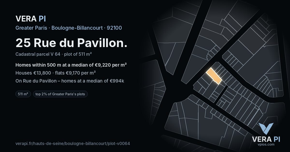 25 Rue du Pavillon, Boulogne-Billancourt at night – the plot lit, the parcels around coloured by the prices near them