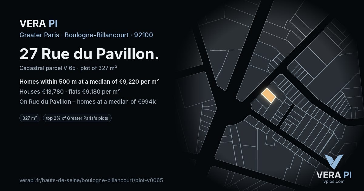 27 Rue du Pavillon, Boulogne-Billancourt at night – the plot lit, the parcels around coloured by the prices near them