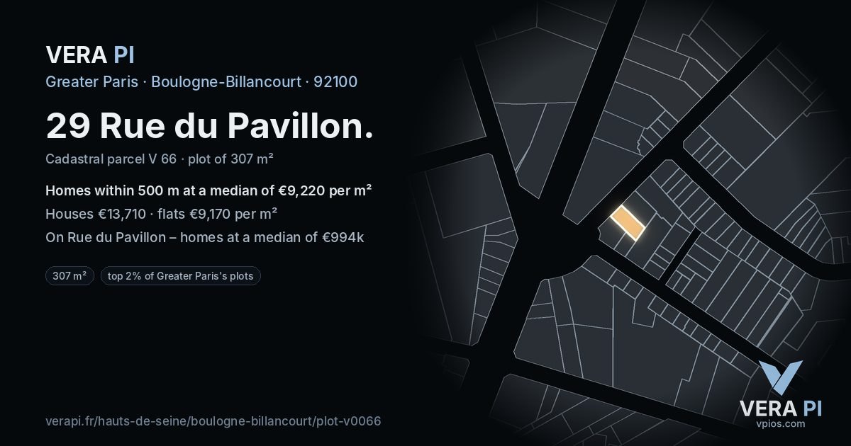 29 Rue du Pavillon, Boulogne-Billancourt at night – the plot lit, the parcels around coloured by the prices near them