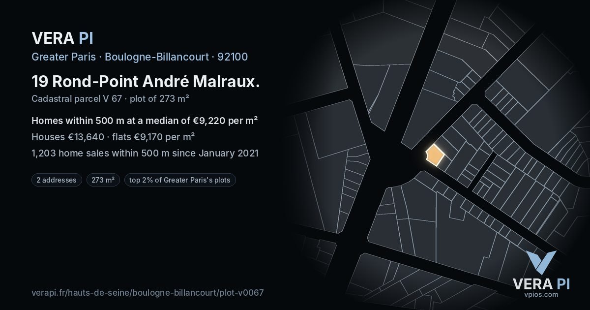 19 Rond-Point André Malraux, Boulogne-Billancourt at night – the plot lit, the parcels around coloured by the prices near them
