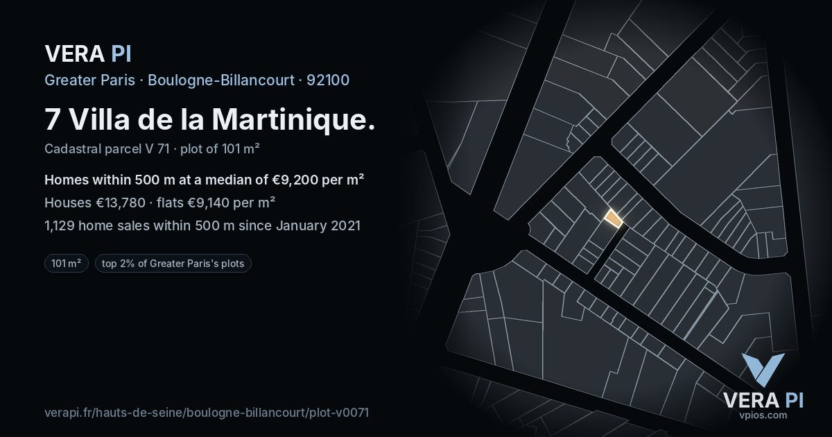 7 Villa de la Martinique, Boulogne-Billancourt at night – the plot lit, the parcels around coloured by the prices near them