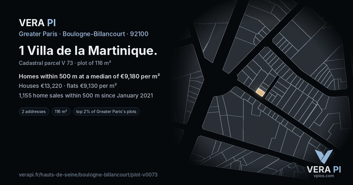 1 Villa de la Martinique, Boulogne-Billancourt at night – the plot lit, the parcels around coloured by the prices near them