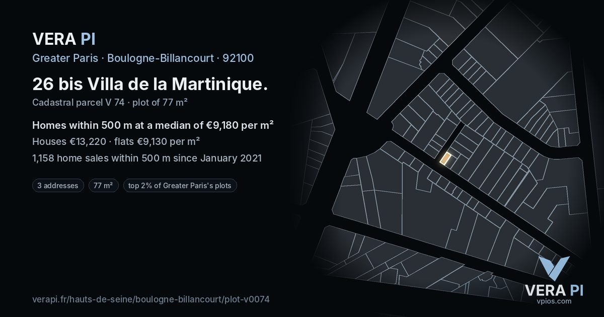 26 bis Villa de la Martinique, Boulogne-Billancourt at night – the plot lit, the parcels around coloured by the prices near them