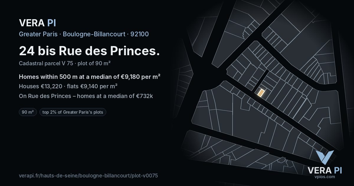 24 bis Rue des Princes, Boulogne-Billancourt at night – the plot lit, the parcels around coloured by the prices near them
