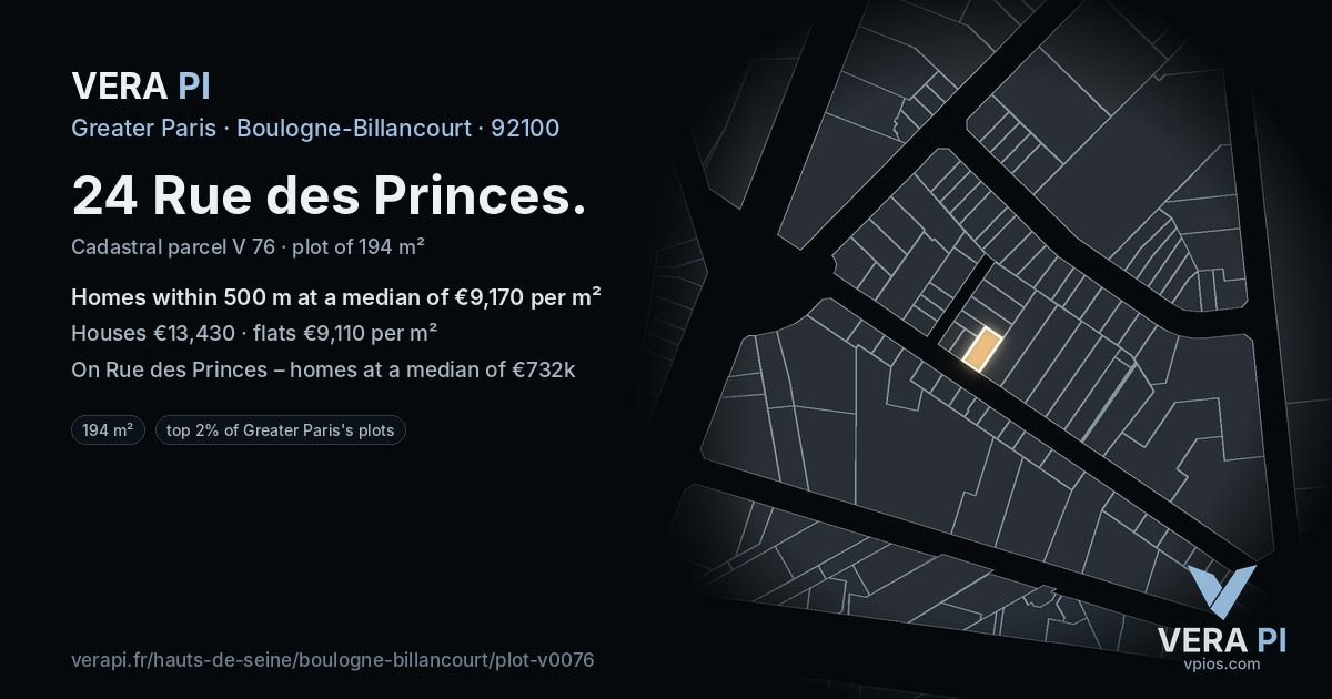 24 Rue des Princes, Boulogne-Billancourt at night – the plot lit, the parcels around coloured by the prices near them