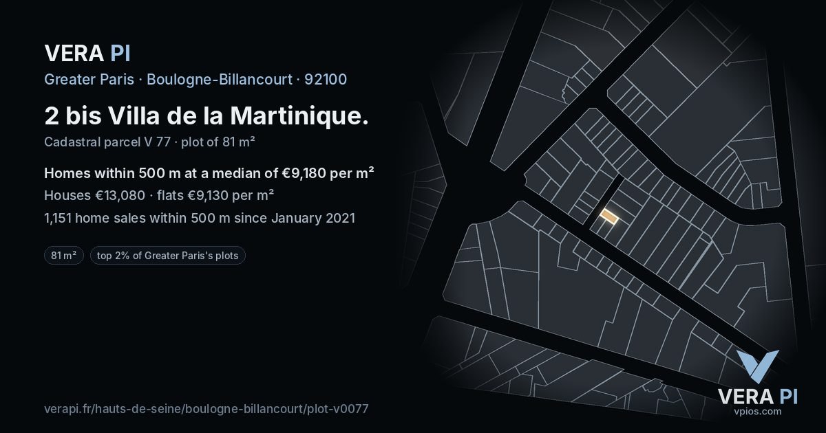 2 bis Villa de la Martinique, Boulogne-Billancourt at night – the plot lit, the parcels around coloured by the prices near them