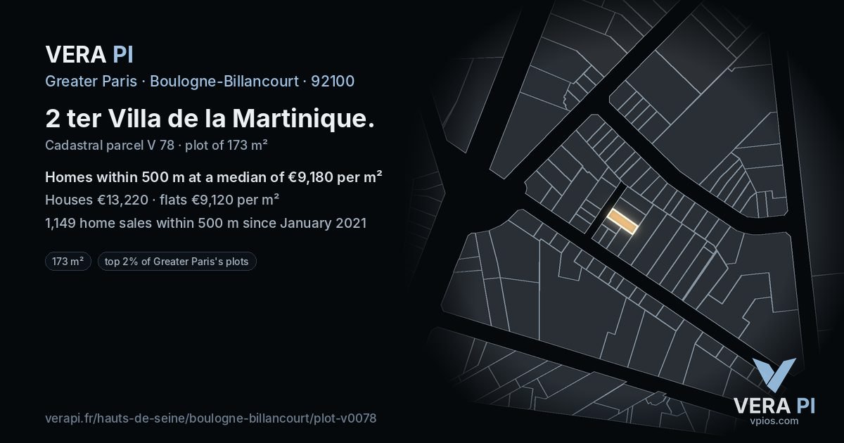 2 ter Villa de la Martinique, Boulogne-Billancourt at night – the plot lit, the parcels around coloured by the prices near them