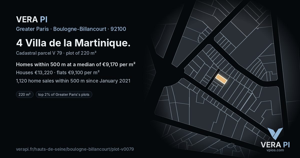 4 Villa de la Martinique, Boulogne-Billancourt at night – the plot lit, the parcels around coloured by the prices near them