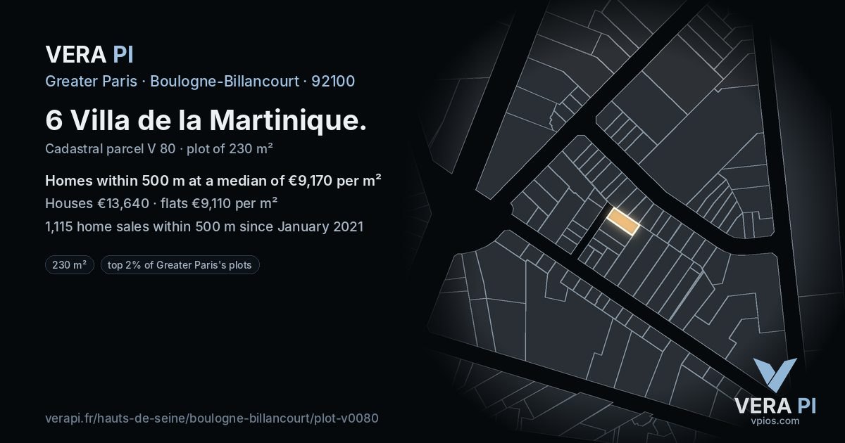 6 Villa de la Martinique, Boulogne-Billancourt at night – the plot lit, the parcels around coloured by the prices near them
