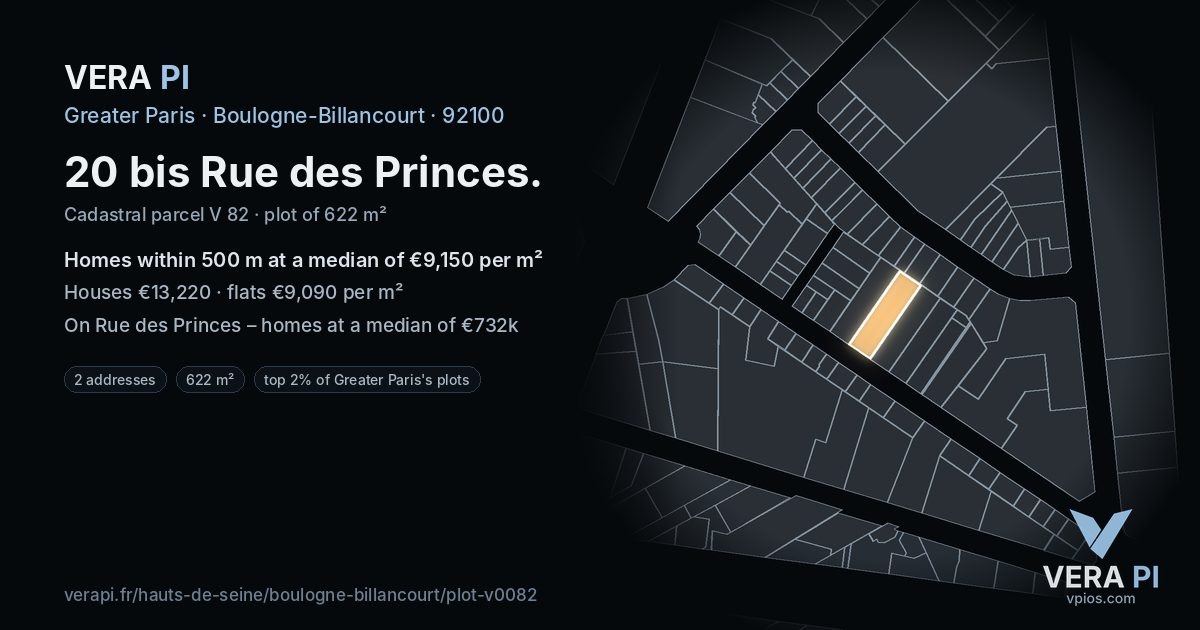 20 bis Rue des Princes, Boulogne-Billancourt at night – the plot lit, the parcels around coloured by the prices near them