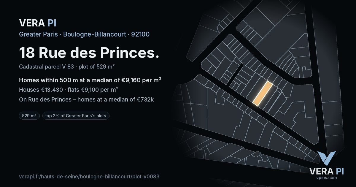 18 Rue des Princes, Boulogne-Billancourt at night – the plot lit, the parcels around coloured by the prices near them