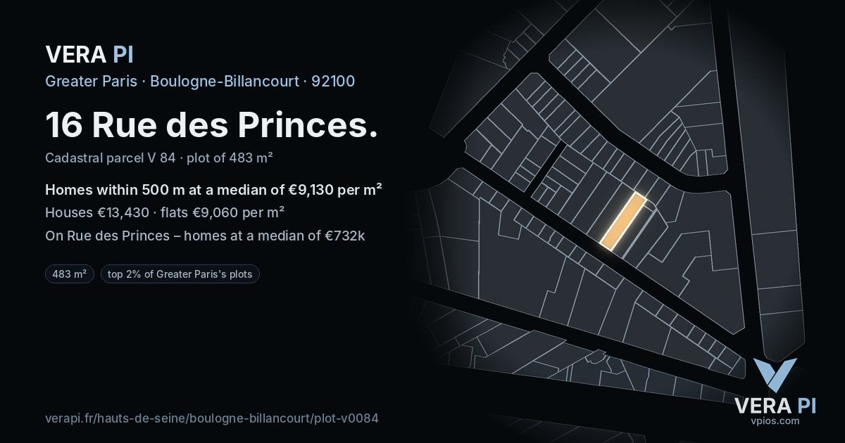 16 Rue des Princes, Boulogne-Billancourt at night – the plot lit, the parcels around coloured by the prices near them