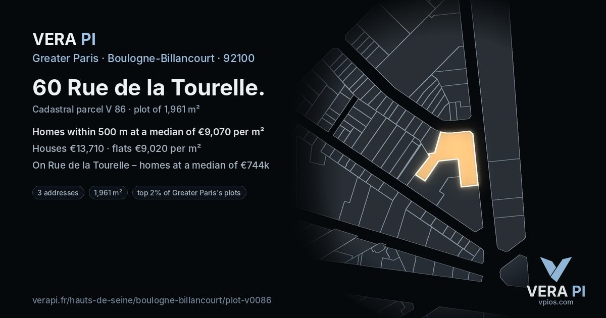 60 Rue de la Tourelle, Boulogne-Billancourt at night – the plot lit, the parcels around coloured by the prices near them