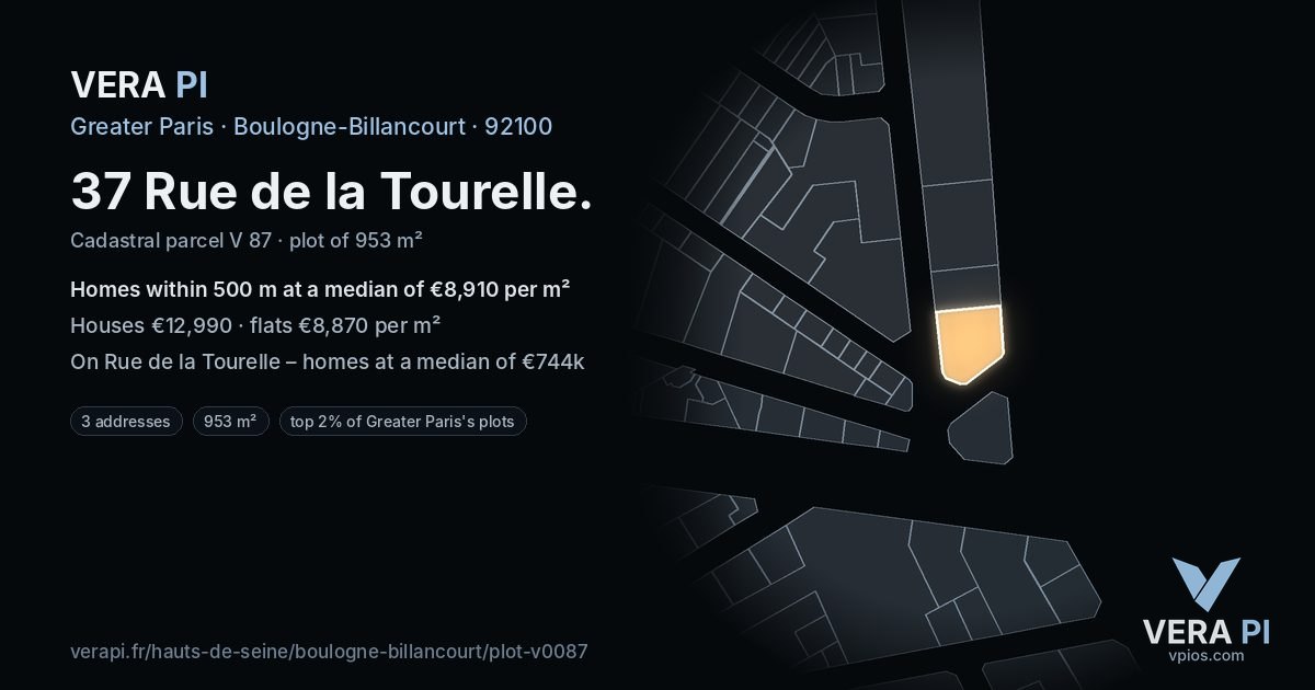 37 Rue de la Tourelle, Boulogne-Billancourt at night – the plot lit, the parcels around coloured by the prices near them