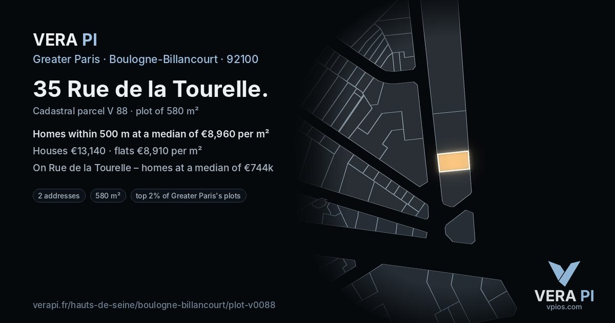 35 Rue de la Tourelle, Boulogne-Billancourt at night – the plot lit, the parcels around coloured by the prices near them