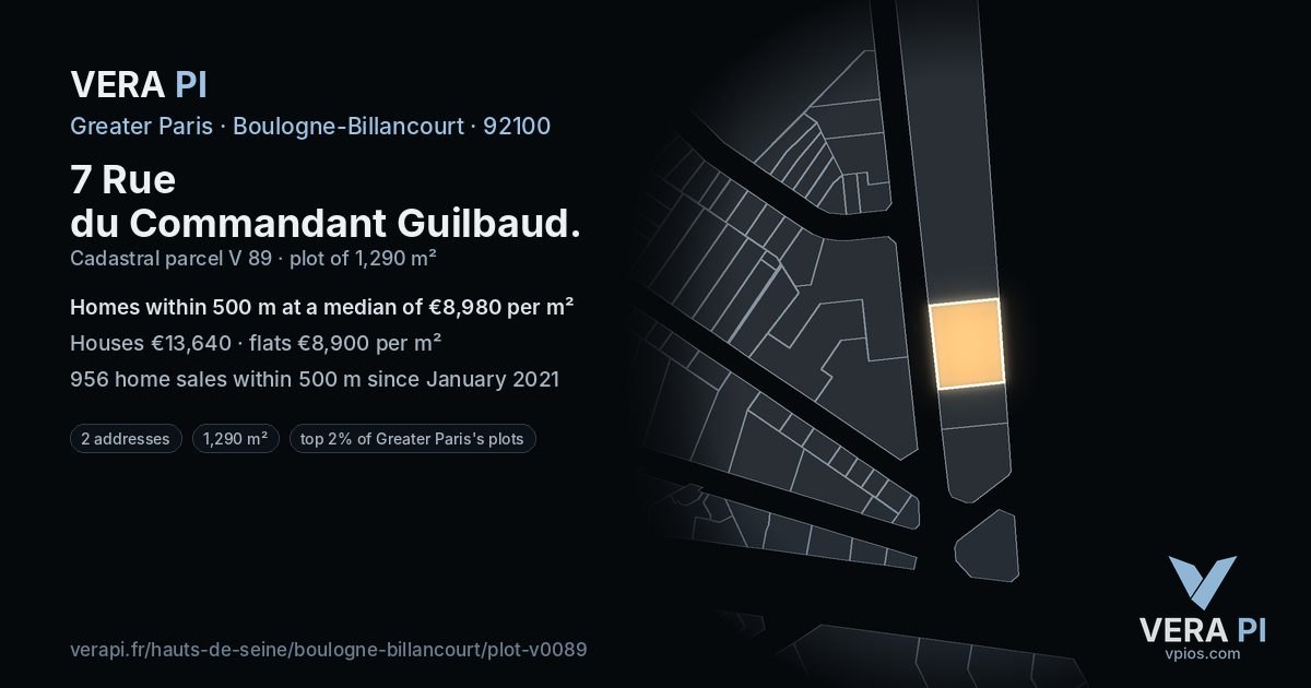 7 Rue du Commandant Guilbaud, Boulogne-Billancourt at night – the plot lit, the parcels around coloured by the prices near them