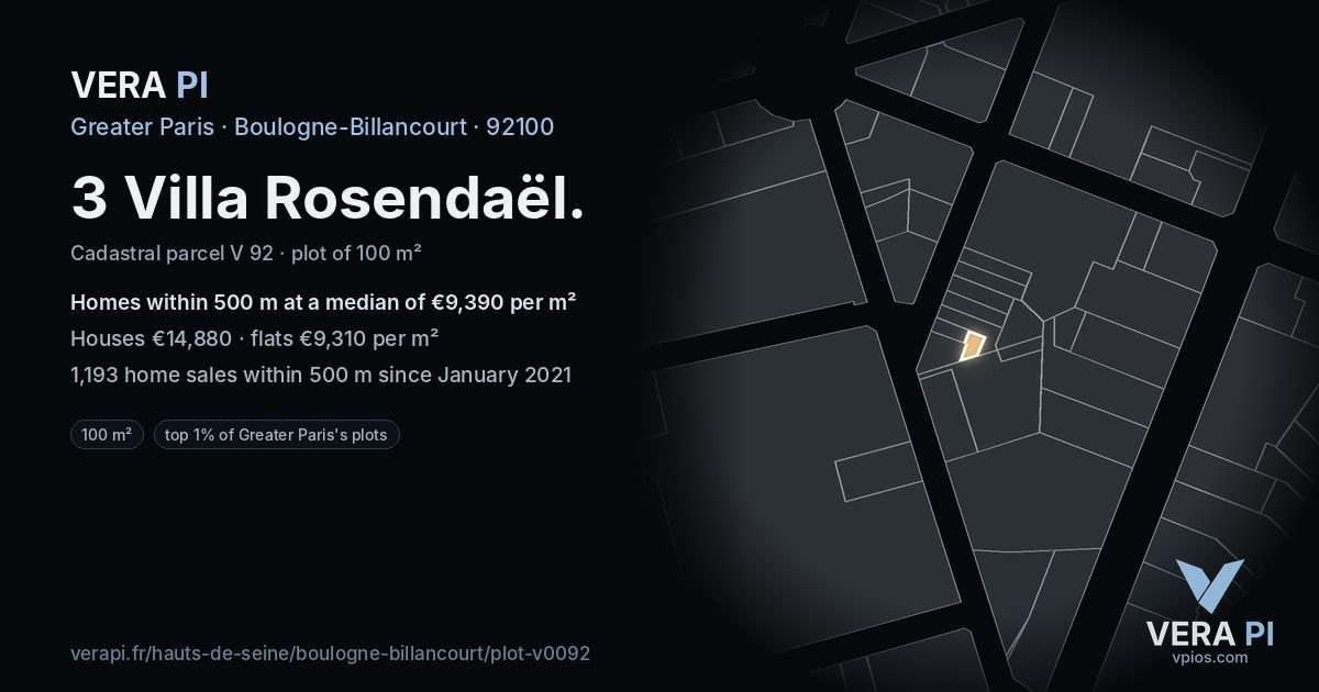3 Villa Rosendaël, Boulogne-Billancourt at night – the plot lit, the parcels around coloured by the prices near them