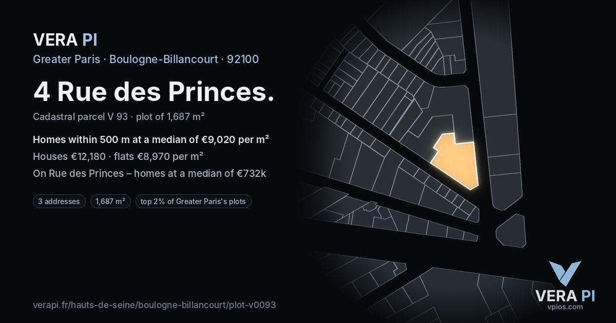 4 Rue des Princes, Boulogne-Billancourt at night – the plot lit, the parcels around coloured by the prices near them