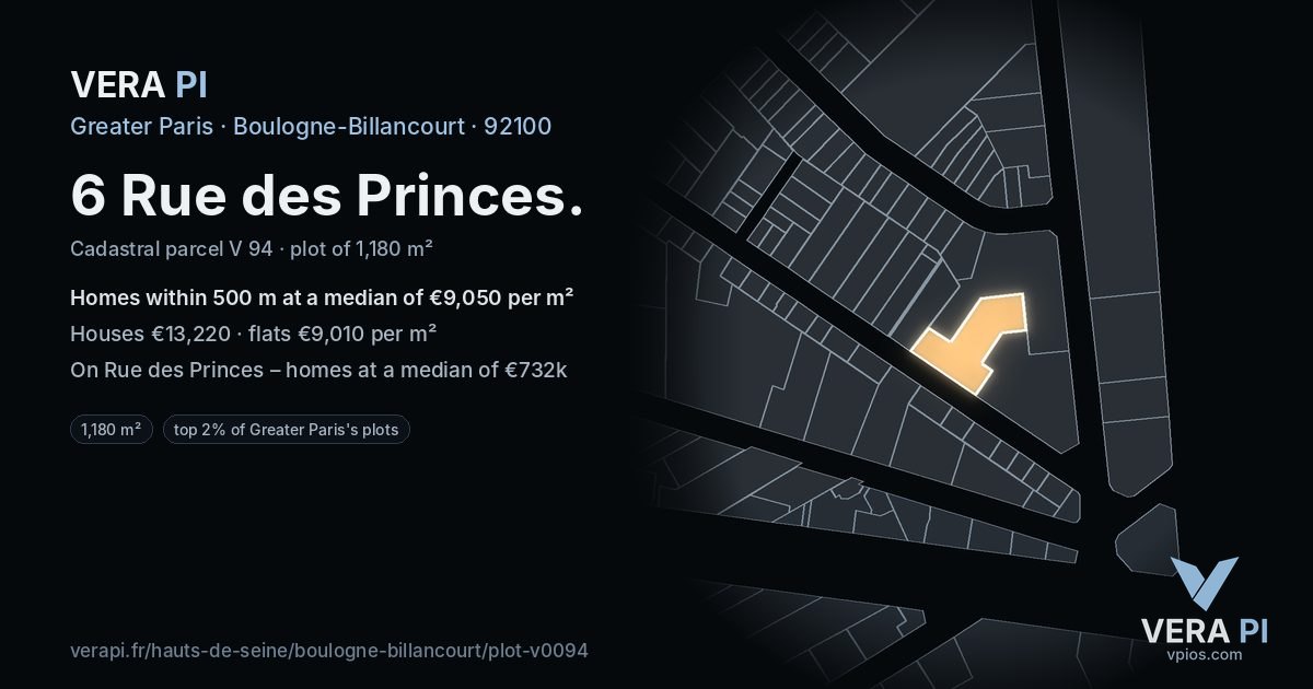 6 Rue des Princes, Boulogne-Billancourt at night – the plot lit, the parcels around coloured by the prices near them