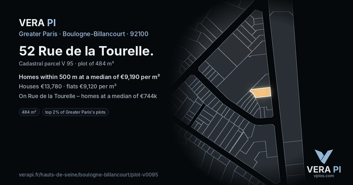 52 Rue de la Tourelle, Boulogne-Billancourt at night – the plot lit, the parcels around coloured by the prices near them