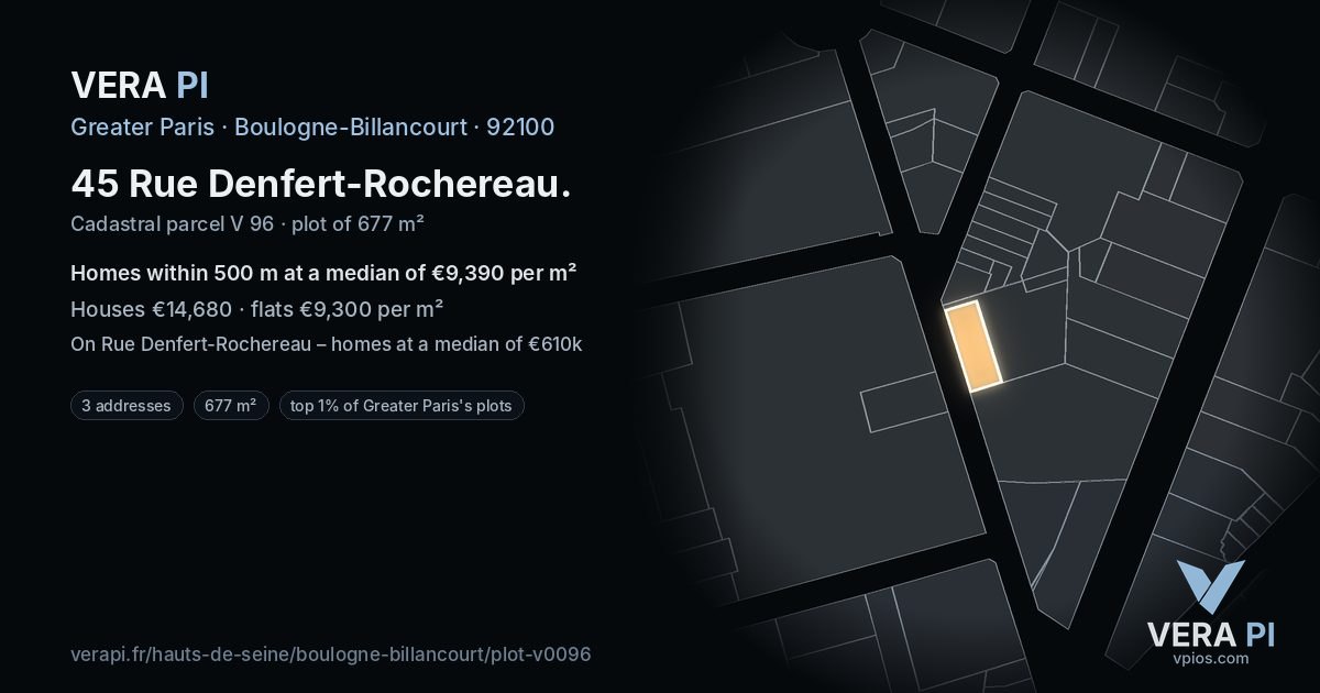 45 Rue Denfert-Rochereau, Boulogne-Billancourt at night – the plot lit, the parcels around coloured by the prices near them